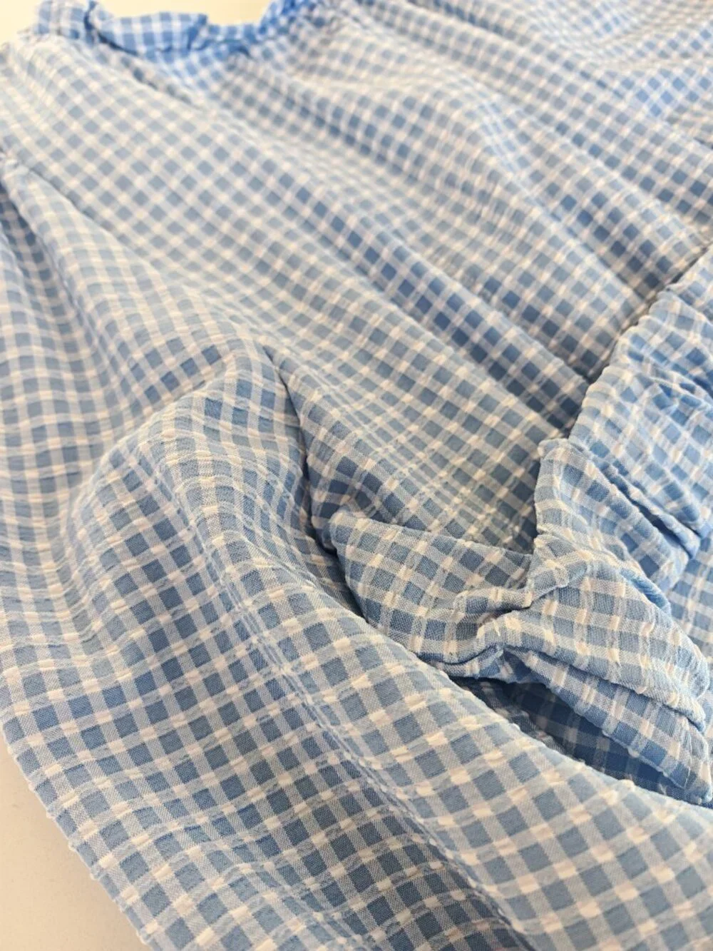 Zara Gingham Tie Front Top L | Blue Puff Sleeve Cottagecore Crop Blouse